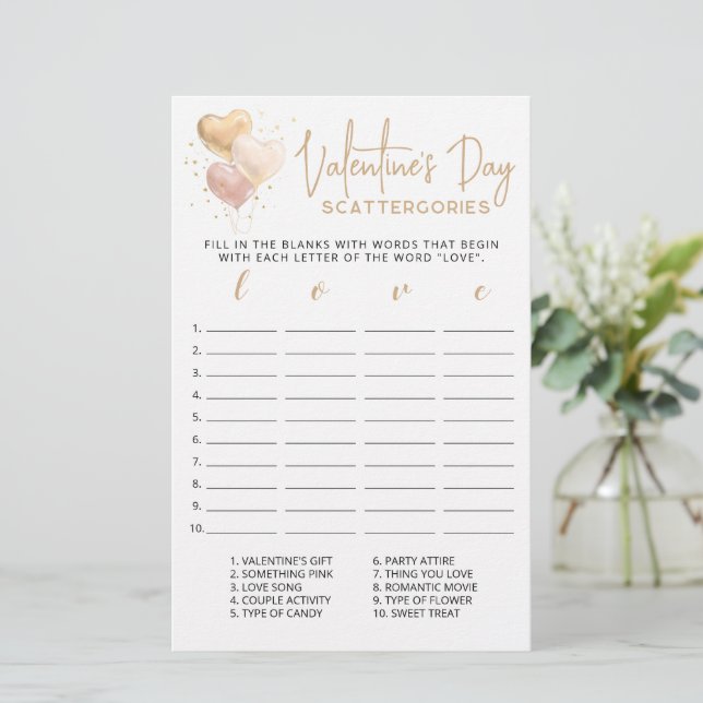 Lámina Día de San Valentín Scattergories juego editable (Anverso de pie)