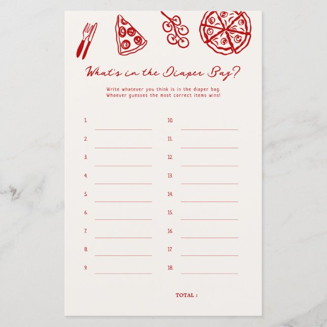 Lámina Diaper Bag Pizza Baby Shower Games (Anverso)