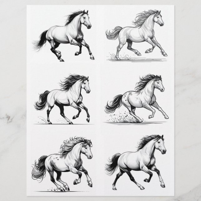 Lámina Dibujos de arte de la línea de caballos galopando  (Anverso)