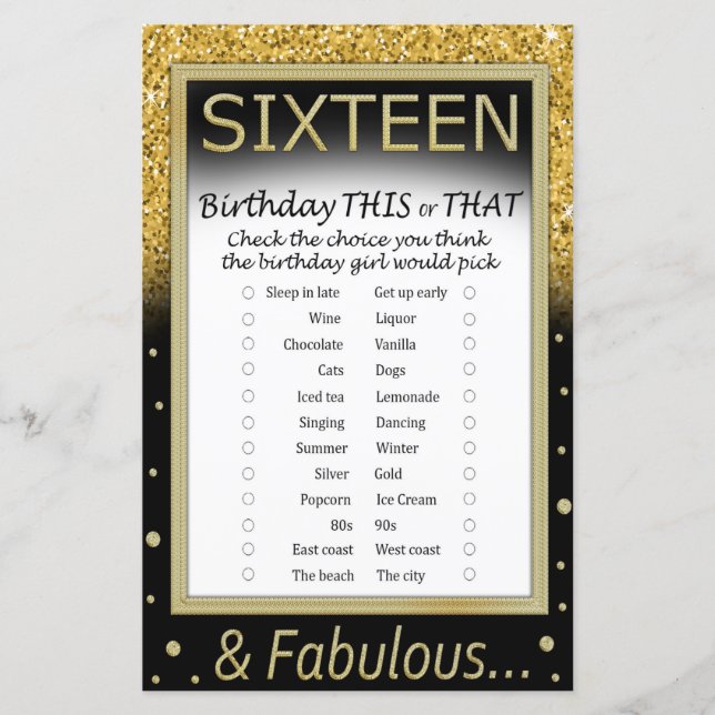 Lámina Dieciséis cumpleaños éste o ese juego (Anverso)