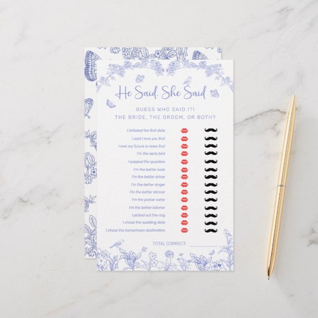 Lámina Dijo: "Chinoiserie Bridal Shower Game" (Anverso/Reverso In Situ)