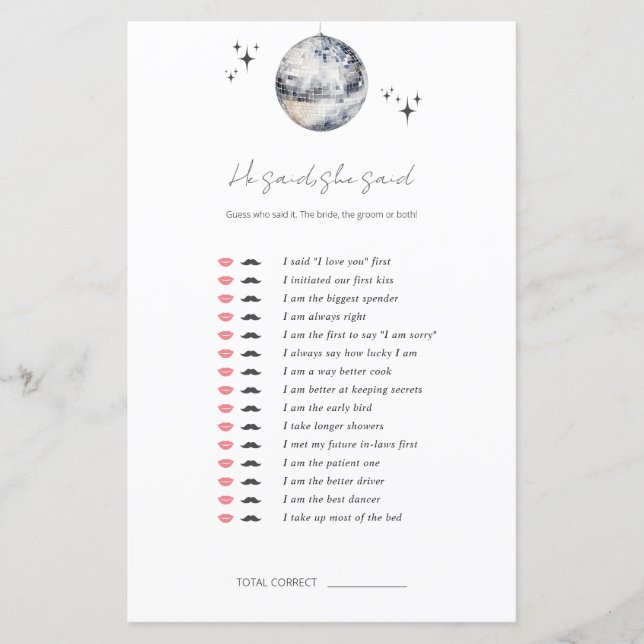 Lámina Dijo: Juego de ducha de novias disco Ball (Anverso)