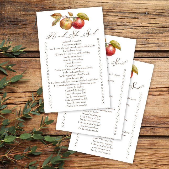 Lámina Dijo que dijo que cayó manzana juego de ducha de n (He said she said apple fall bridal shower game cards appley ever after bridal shower games)