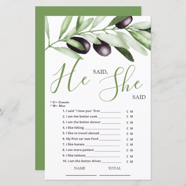 Lámina Dijo que dijo que dijo "Olive Branch Bridal Game" (Anverso / Reverso)