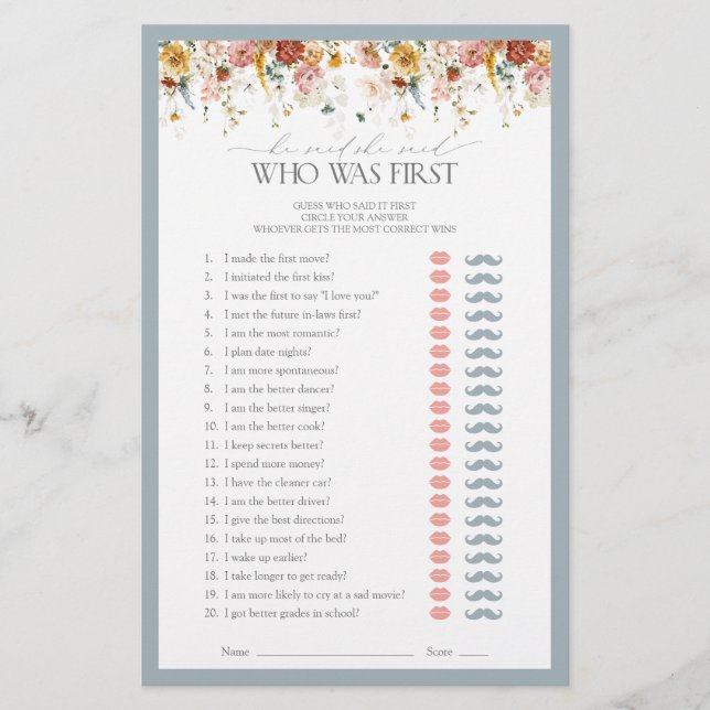 Lámina Dijo Que Dijo Que Dusty Blue Bridal Shower Game (Anverso)