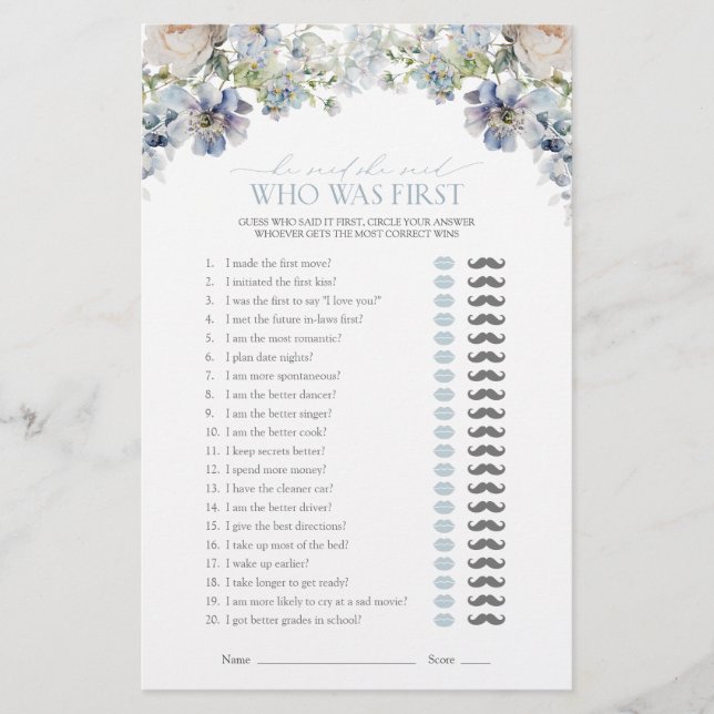 Lámina Dijo Que Dijo Que Dusty Blue Floral Shower Game (Anverso)