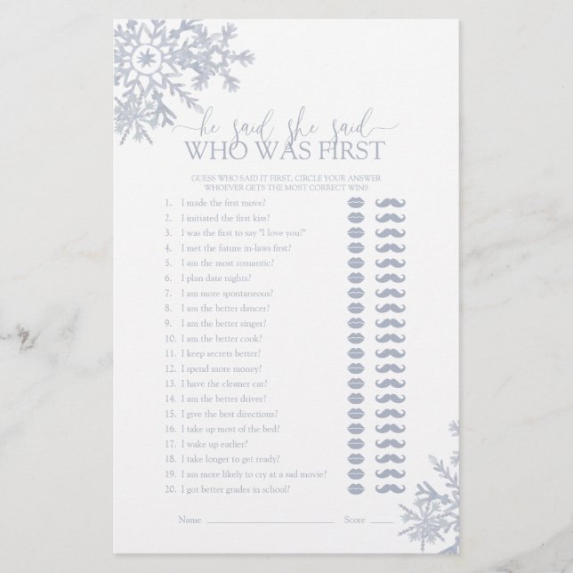 Lámina Dijo Que Dijo Que Dusty Blue Snowflake Shower Game (Anverso)