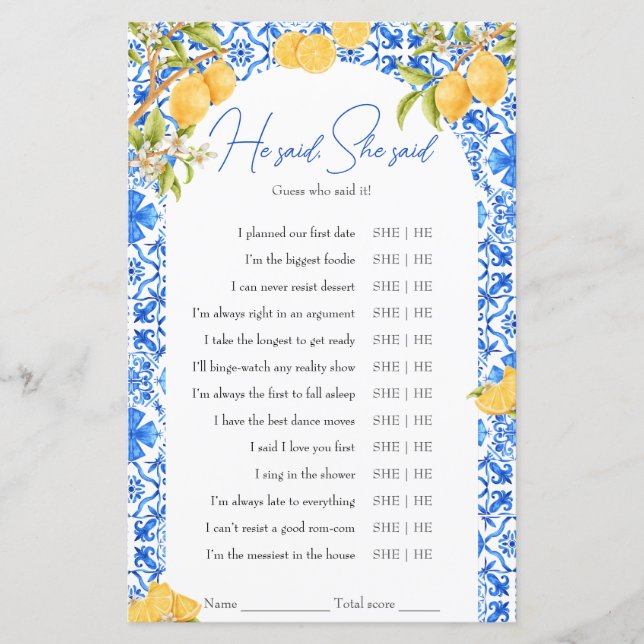 Lámina Dijo Que Dijo Que El Juego De Ducha De Novias Lemo (Anverso)