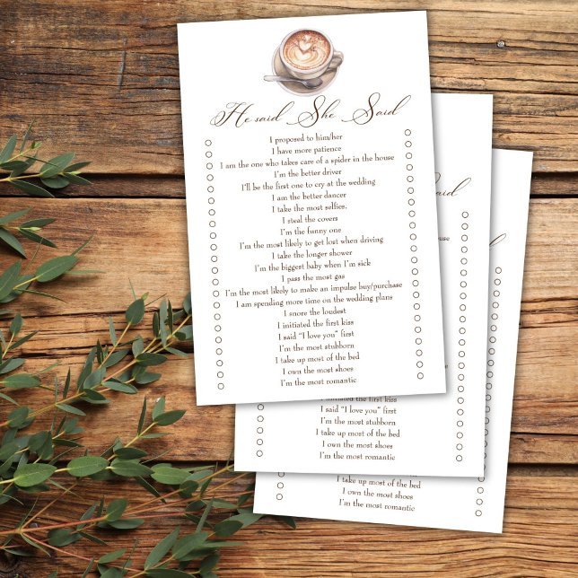 Lámina Dijo que dijo que el juego de la ducha de novia ca (He said she said love is brewing coffee cappuccino fall bridal shower games)