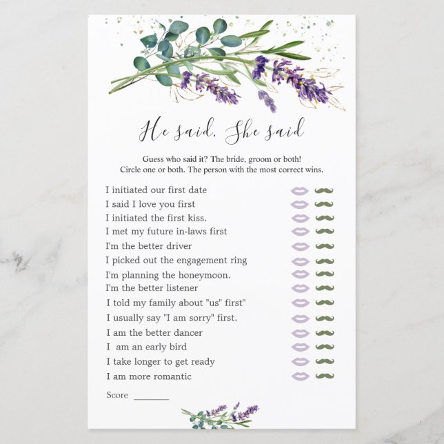 Lámina Dijo Que Dijo Que Era Un Juego De Novias, Lavender (Anverso)