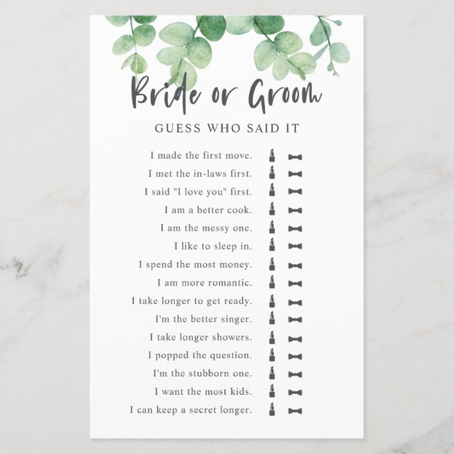 Lámina Dijo Que Dijo Que Eucalyptus Bridal Shower Game (Anverso)
