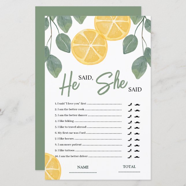 Lámina Dijo que dijo que Lemon Bridal Shower Game (Anverso / Reverso)