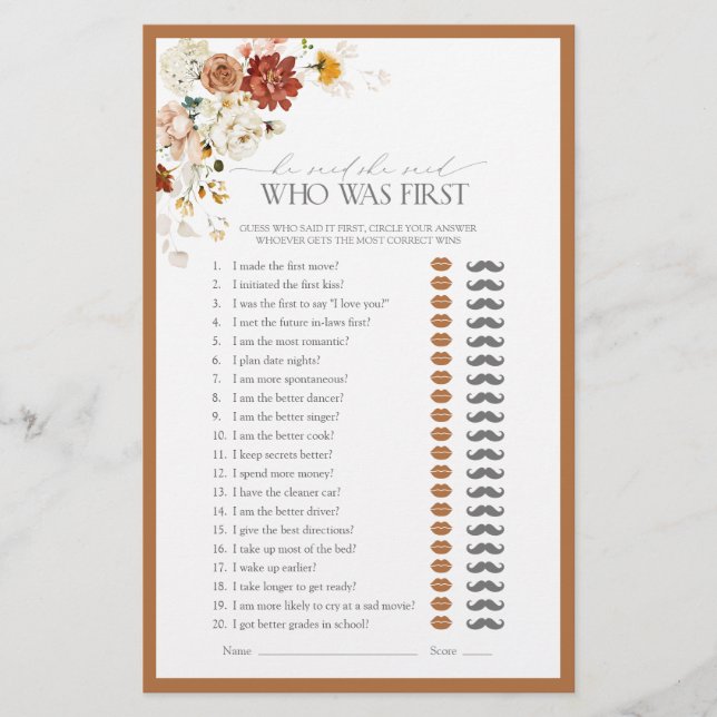 Lámina Dijo Que Dijo Que Naranja Floral Bridal Shower Gam (Anverso)