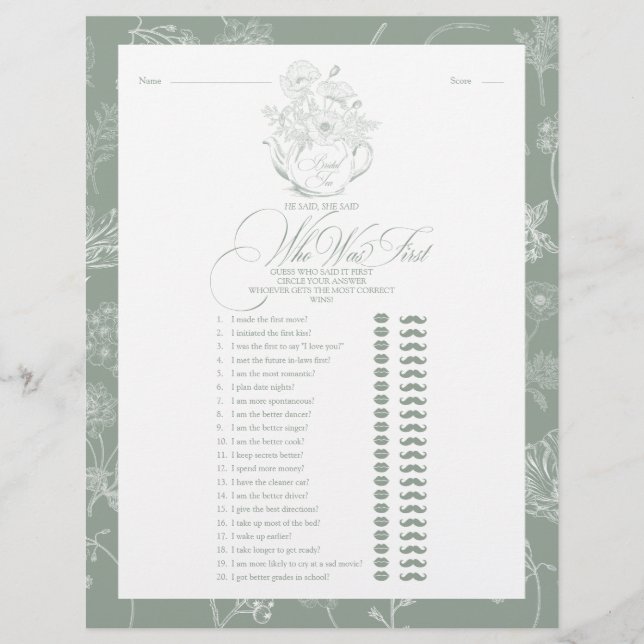 Lámina Dijo Que Dijo Sage Green Bridal Tea Shower Juego (Anverso)