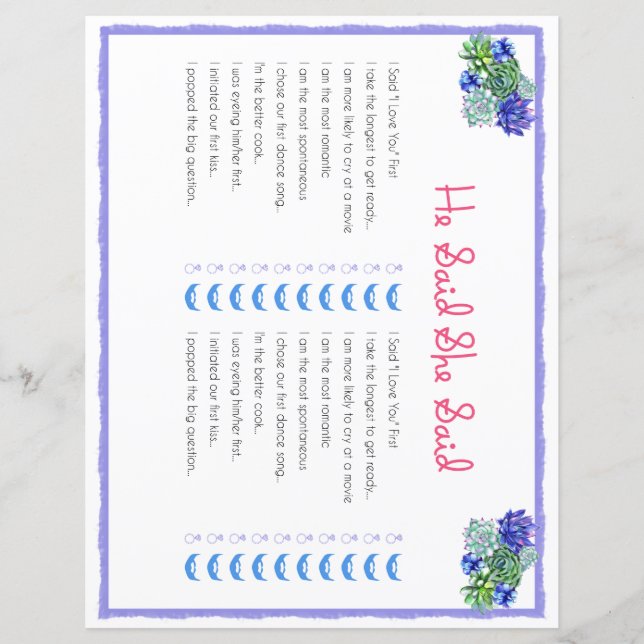 Lámina Dijo Que Dijo Suculento Juego De Ducha Bridal (Anverso)