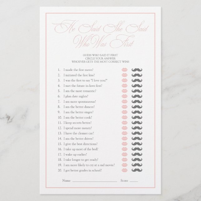 Lámina Dijo Que Dijo Un Juego De Ducha De Novias Con Guió (Anverso)