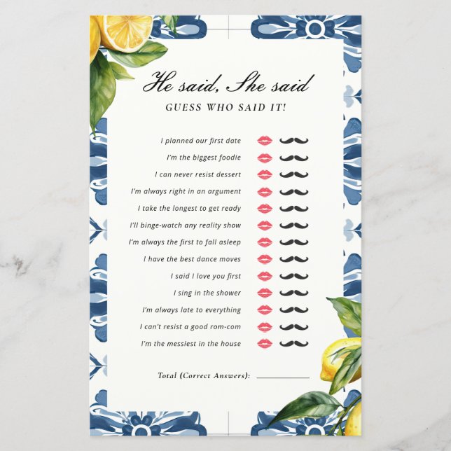 Lámina Dijo Que Dijo Un Juego De Ducha De Novias Positano (Anverso)