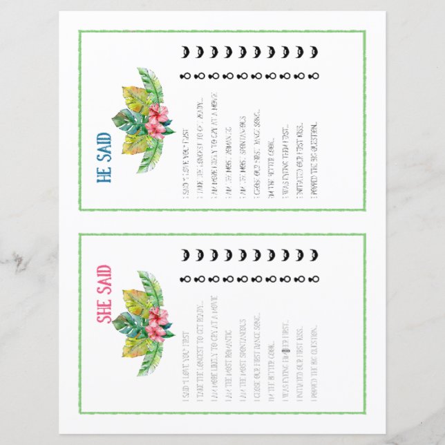 Lámina Dijo Que Dijo Un Juego De Ducha De Novias Tropical (Anverso)