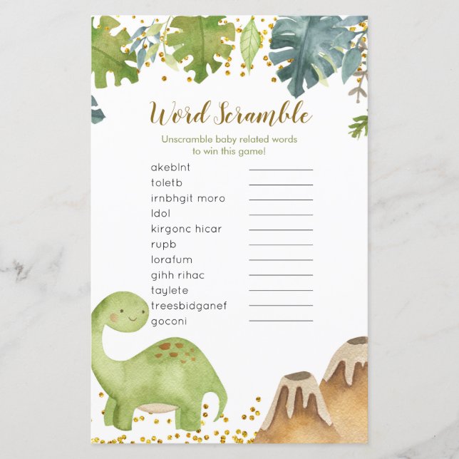 Lámina Dinosaur Baby Shower Word Scramble Game (Anverso)