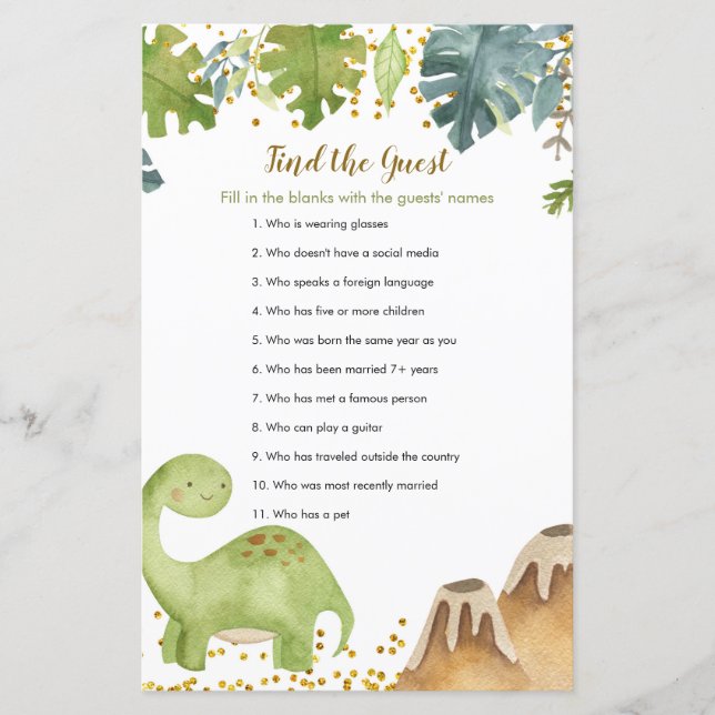 Lámina Dinosaur Floral Find the Guest game (Anverso)