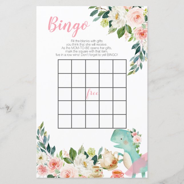 Lámina Dinosaur Tea Fiesta Peach Floral Baby Shower Bingo (Anverso)