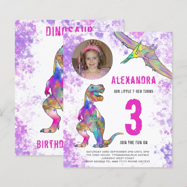 Lámina Dinosaurio 3.ᵉʳ Fiesta de cumpleaños, foto rosada (Anverso / Reverso)
