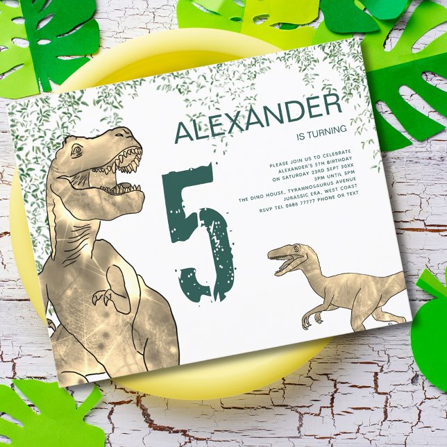 Lámina Dinosaurio 5.º presupuesto del partido de cumpleañ (T-Rex and velociraptor Dinosaur jungle birthday party invitation modern green typography )
