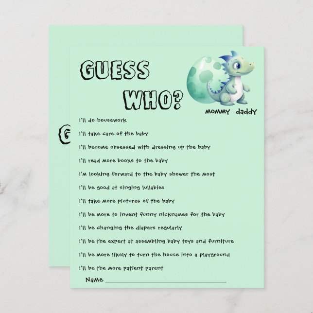 Lámina Dinosaurio lindo con huevo Baby Shower adivina qui (Anverso / Reverso)