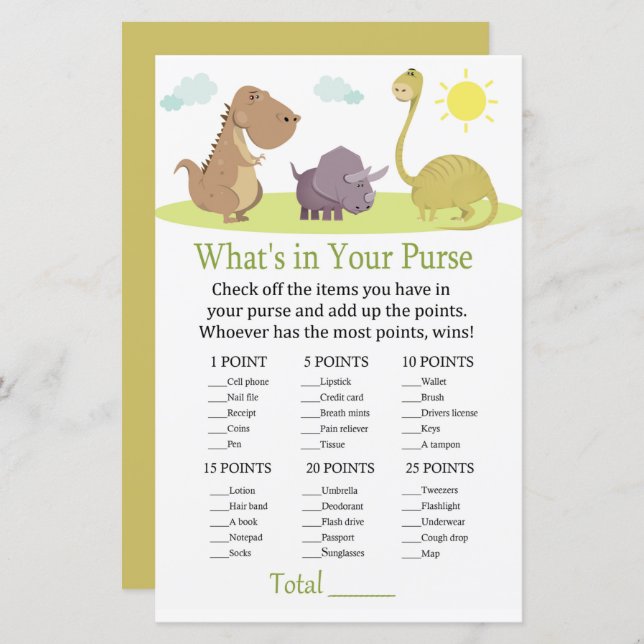 Lámina Dinosaurio ¿Qué hay en tu juego de bolso? (Anverso / Reverso)