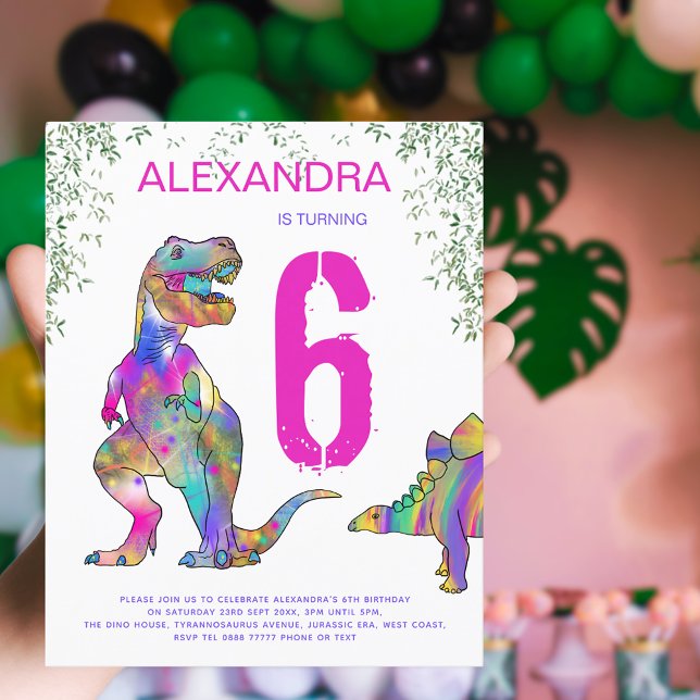 Lámina Dinosaurios Chicas 6. Presupuesto rosado del parti (Girls pink dinosaur 6th birthday party budget invitation with colorful T-Rex stegosaurus dinos )