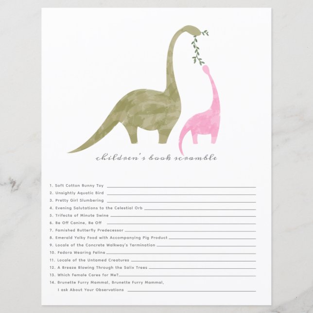 Lámina Dinosaurios Pink Baby Shower Book Scramble Game (Anverso)