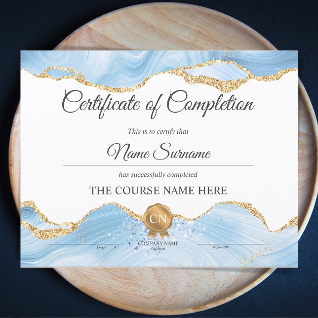 Lámina Diploma Certificado de cumplimiento azul (baby blue and gold agate certificate of completion)