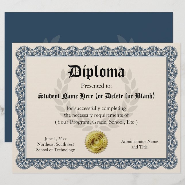 Lámina Diploma Certificado de Graduación Azul 8.5x11 (Anverso / Reverso)