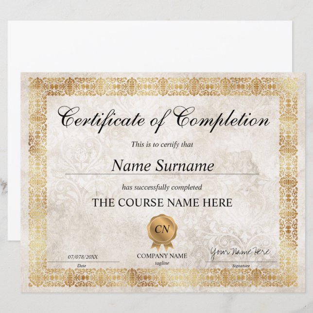 Lámina Diploma clásico de Certificado de Finalización (Anverso / Reverso)