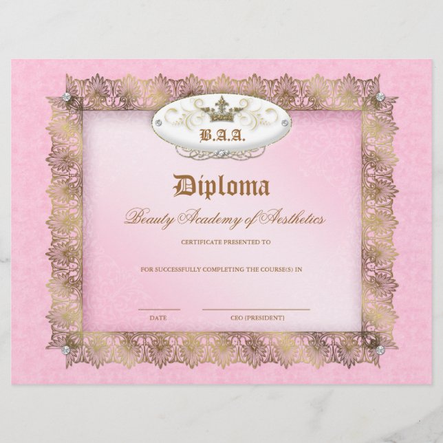 Lámina Diploma de escuela de belleza Crown de encaje de o (Anverso)