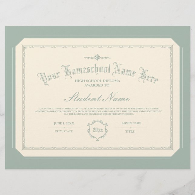 Lámina Diploma de escuela primaria Verde suave tradiciona (Anverso)