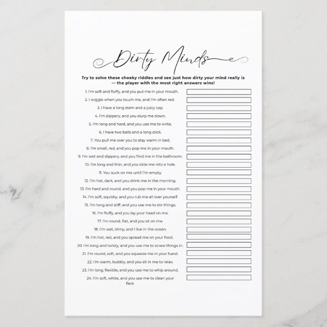 Lámina Dirty Riddles Bachelorette Party Game (Anverso)