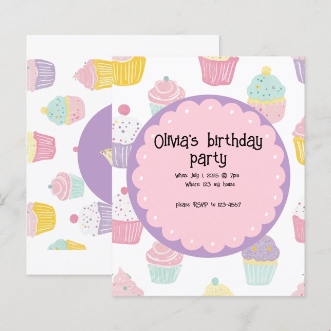 Lámina diseño de cupcake de cumpleaños para niños persona (Anverso / Reverso)