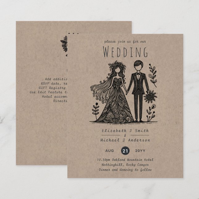 Lámina Divertido Personalizado Boda Bride Groom Handdraw (Anverso / Reverso)