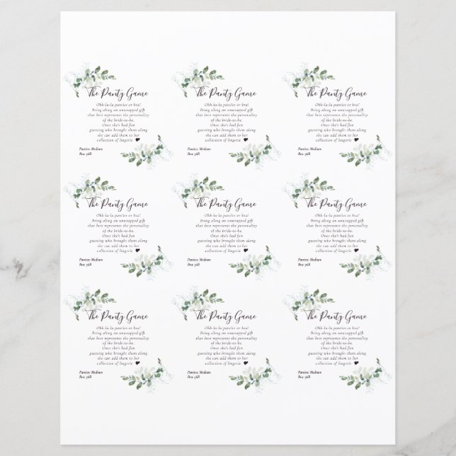 Lámina DIY Eucalyptus Bridal Shower Panty Game Card (Anverso)