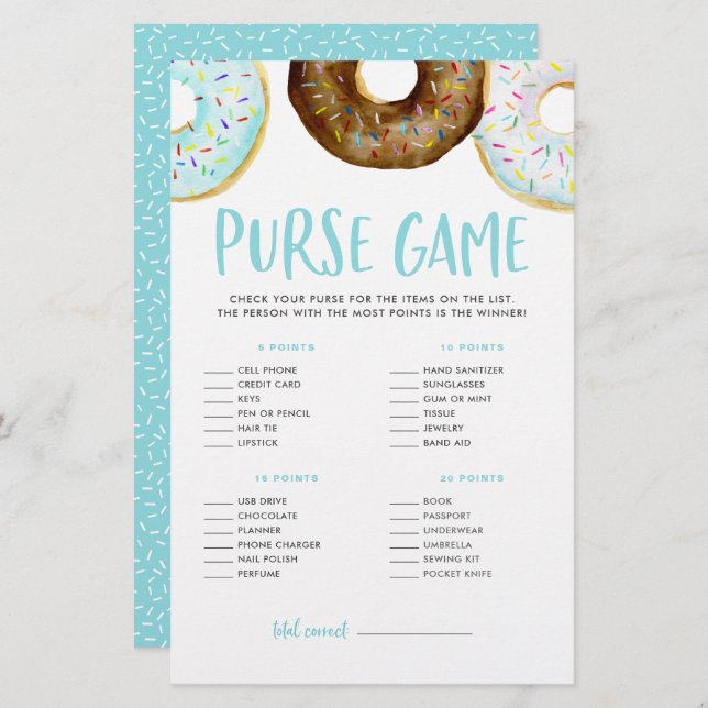 Lámina Donuts What's In Your Purse Baby Shower Game (Anverso / Reverso)