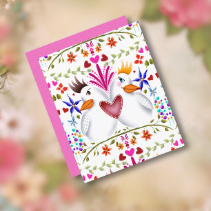 Lámina Dos pájaros amorosos corazones flores Día de San V