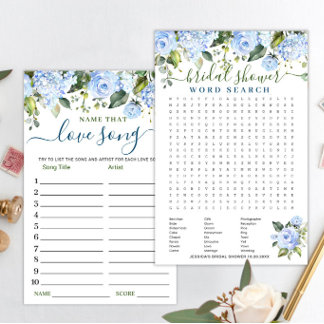 Lámina DOUBLE SIDED Blue Hydrangea Bridal Shower Game