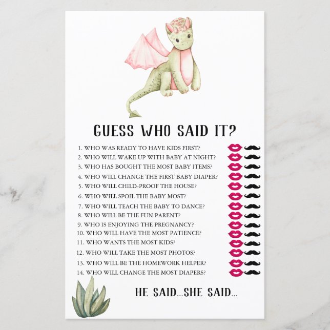 Lámina Dragón verde acuático adivina quién dijo el juego  (Anverso)