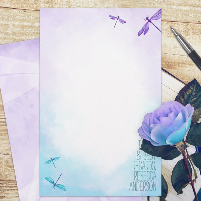 Lámina Dragonflies turquesa púrpura y estationes personal (purple turquoise dragonflies dragonfly budget personalized letter writing stationary paper sheets)