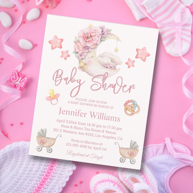 Lámina ducha de bebé acuarela luna floral invitación rosa (Subido por el creador)