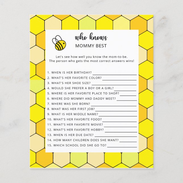 Lámina Ducha de bebé con flores de abeja, quién conoce me (Anverso)