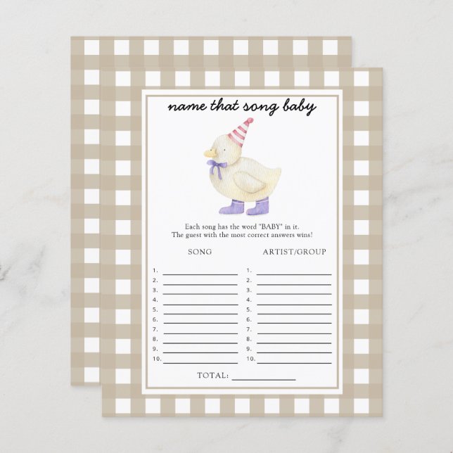 Lámina Ducha de bebé de pato pequeño - Nombra a esa canci (Anverso / Reverso)