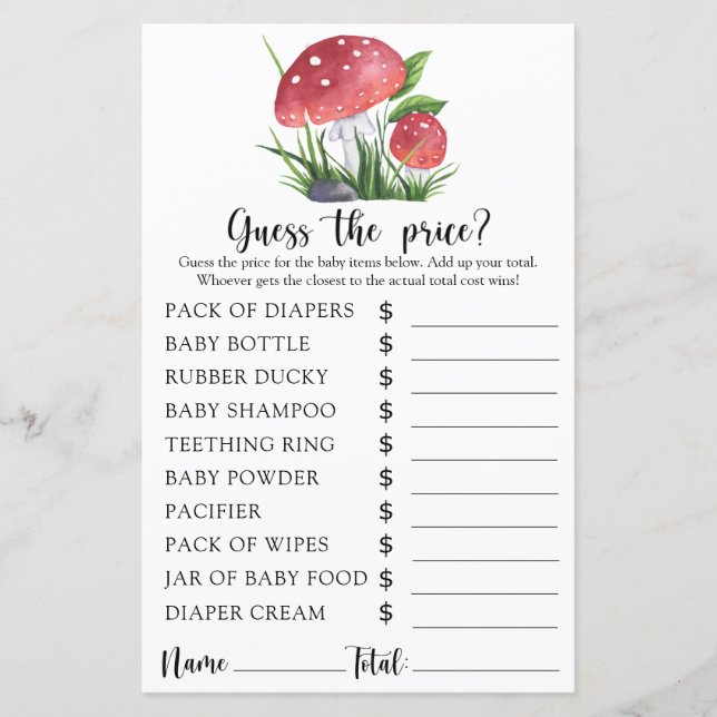Lámina Ducha de bebé hongos - ¡Adivinen el precio! Juego (Anverso)