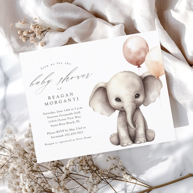 Lámina Ducha de bebé neutral con elefante y globos presup (Cute Elephant with Balloons Gender Neutral Budget Baby Shower Invitation.)